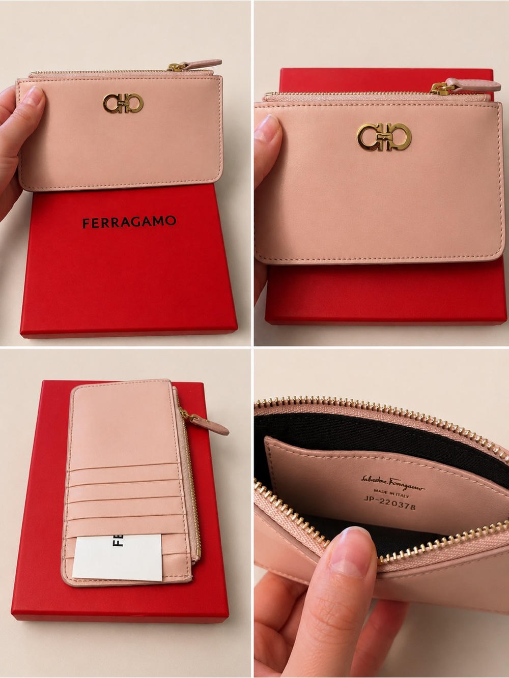 Salvatore Ferragamo leather blush pink zip card case new with box